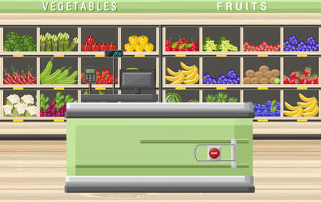 Cashier in the supermarket Vector flat style. Sale food stands on backgroundsのイラスト素材