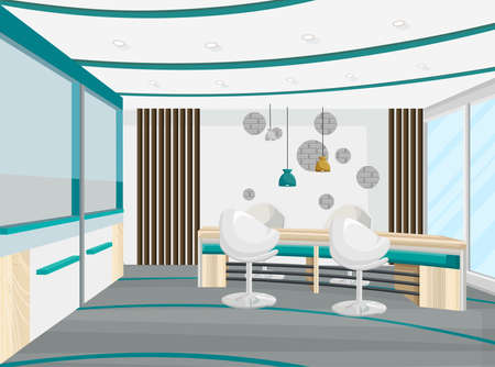Office desk and chairs meeting room Vector. Business center, call center, bank or technology hub interior. flat styledのイラスト素材