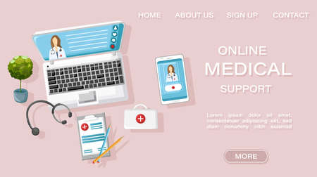 Online doctor medical treatment concept Vector. Note book and medicines flat style. Healthcare brochure page templatesのイラスト素材