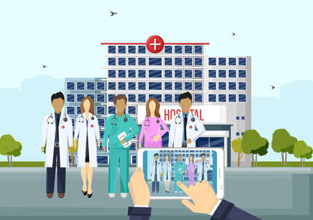 Doctor team in front of the hospital Vector flat style. Online consultation or emergency call. template illustrationsのイラスト素材