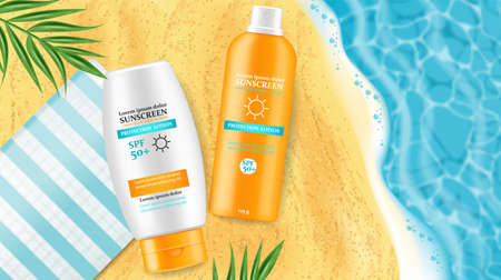 Sunscreen cream Vector realistic. Solar Protection uv and high spf. Product placement mock up. Label...