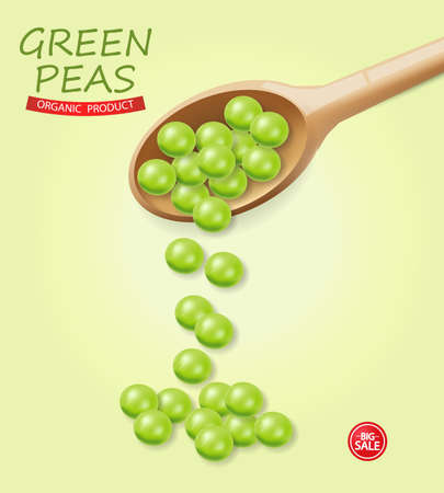 Green peas falling Vector realistic. Wooden soon. 3d illustrationsのイラスト素材