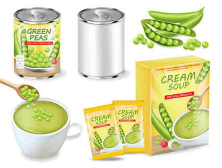 Green peas soup and can Vector realistic. Product placement. Label design package set collectionsのイラスト素材