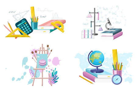 School set supplies collection. Mathematics. geography, chemistry and painting supplies set Vector flat style. Main courses illustrateのイラスト素材