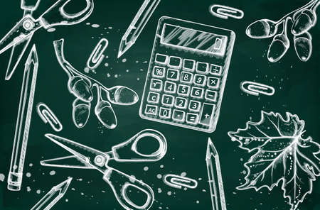 Back to school Vector banner. Sale school supplies promotion advertise poster. Chalk outline drawing texturesのイラスト素材