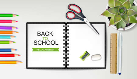 Back to school notebook Vector. Sale promotion banner. School supplies on wooden texture top views