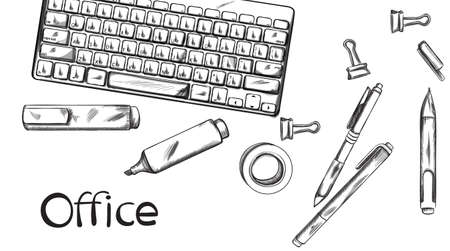 Office desk Vector banner line art. Keyboard and pens silhouettes.のイラスト素材