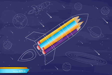 Rocket colorful crayons Vector flat style.のイラスト素材