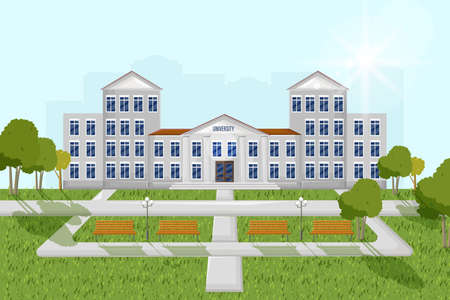 Architectural facade university Vector flat style. Summer day park outdoors illustrationのイラスト素材