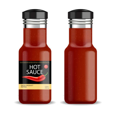 Hot chilli sauce vector isolated realistic. Product placement mock up bottle. Label design advertise 3d illustrationのイラスト素材