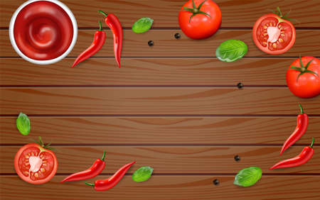 Chili and tomato on wood table Vector realistic. Hot sauce ingredients layout template. Menu brochure advertise posterのイラスト素材