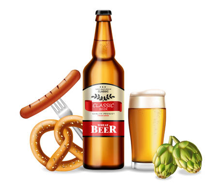 Beer bottle and fresh pretzel Vector realistic.のイラスト素材