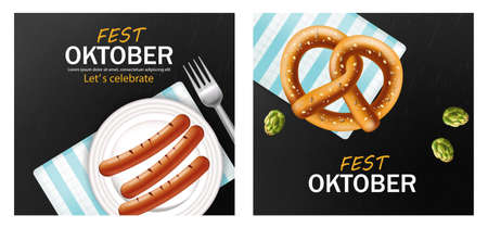 October fest poster Vector realistic. Pretzel and grill sausage food. 3d illustrationsのイラスト素材