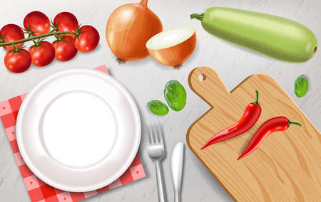 Vegetarian dish preparation Vector realistic. White plate healthy food templateのイラスト素材