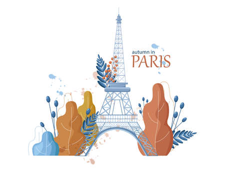 Autumn Eiffel Tower icon Vector. Paris fall season tower and leaves illustrationのイラスト素材