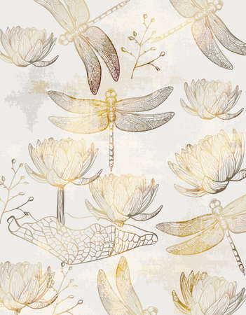 Lotus and dragonfly pattern  line art.のイラスト素材
