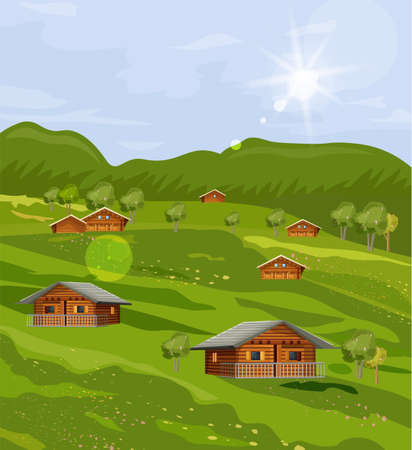 Rustic houses countryside summer green fields Vector flat styleのイラスト素材