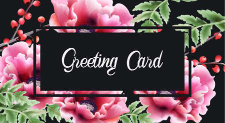 Colorful watercolor peonies flowers greeting cardのイラスト素材