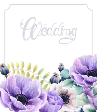 Watercolor flowers and leaves wedding greeting cardのイラスト素材