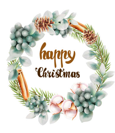 Happy Christmas pine tree leaves wreath with flowers, conifer cone, cotton and cinnamon sticks. Holiday watercolor Vectorのイラスト素材