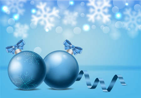 Blue baubles with ribbon and christmas ornaments drawings. Snowflakes and white bokeh on background. Christmas vectorのイラスト素材