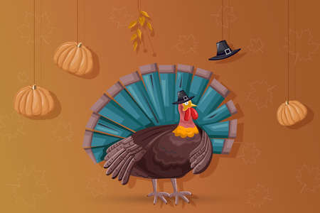 Thanksgiving day turkey with turquoise feathers. Pumpkins, hat and autumn leaves hanging from...