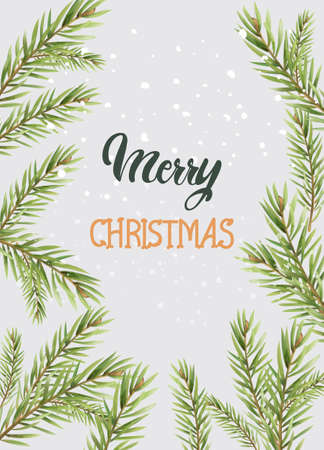 Merry christmas composition with conifer tree leaves. Snow falling from upside. Holiday vectorのイラスト素材