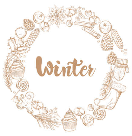 Winter decorations wreath with mittens, cinnamon sticks, cotton, lollipops, stockings, gingerbread cookie and cinnamon sticks. Outline sketch style vectorのイラスト素材