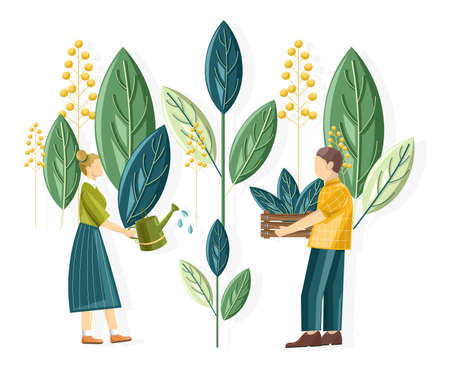 Rural people planting gigantic flower leavesのイラスト素材