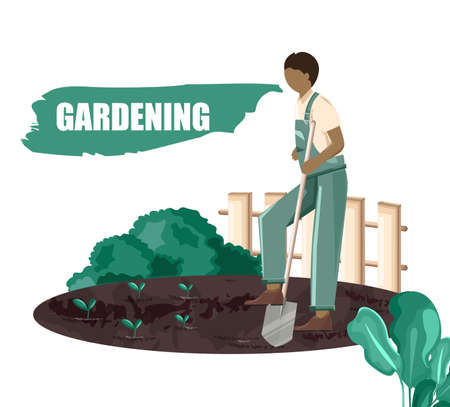 Man digging holes for planting seeds in the gardenのイラスト素材