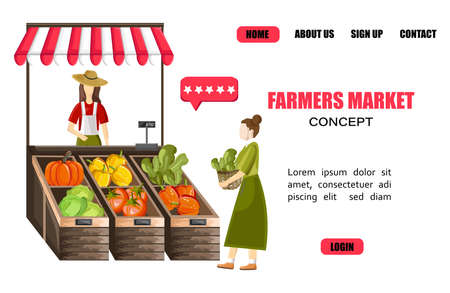 Site template with woman selling vegetables outdoorsのイラスト素材