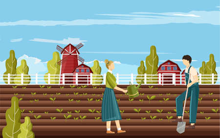Couple of farmer people working in the garden. Red barn, blue sky and green trees on background. Family agriculture business idea vectorのイラスト素材
