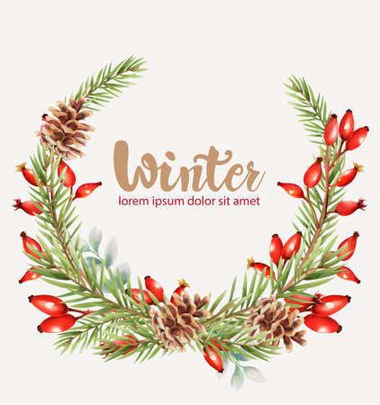 Winter wreath with red berries and flowersのイラスト素材