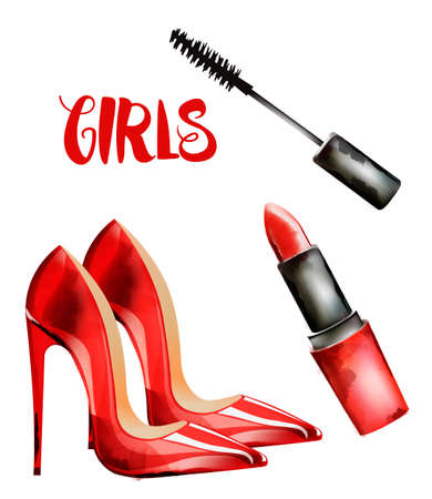 Girls vector with red lady shoes, lipstick and mascaraのイラスト素材