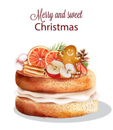 Sweet christmas cake with holiday ornaments. Cinnamon sticks, orange, gingerbread cookie, half apple, cotton, fir tree leaves, pine cone. Vectorのイラスト素材