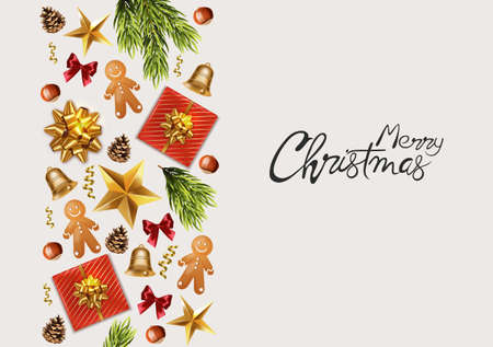Merry Christmas panoramic banner with wrapped gift boxes, pine tree leaves, baubles, fairy lights and conifer cone. Colorful decorations. Holiday vectorのイラスト素材