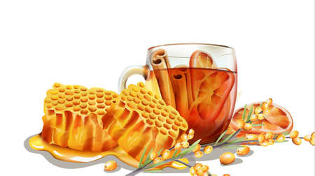 Dripping honeycomb with a cup of tea filled with cinnamon sticks and orange slices. Yellow berries on foregroundのイラスト素材