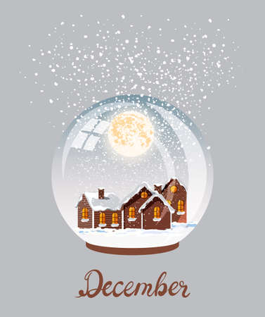 Village city covered in blizzard snow falling from top. Bright moon in the sky. Winter vectorのイラスト素材