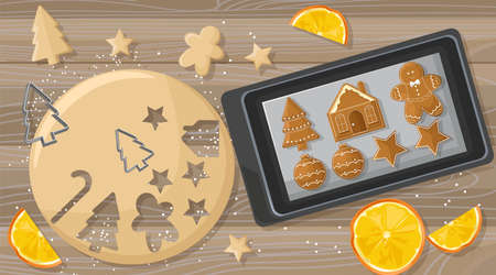Christmas table with gingerbread cookies dough and metal forms. Orange slices decorations. Wooden background. Holiday vectorのイラスト素材