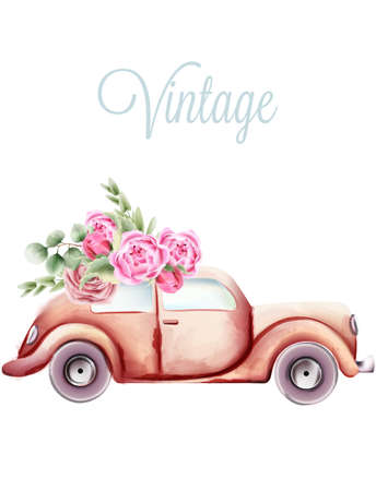 Vintage pink car with rose flowers and green leaves on the roof. Watercolor vectorのイラスト素材