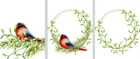 Spring wreath with black and red bird sitting on green fir leaves wreath. Vectorのイラスト素材