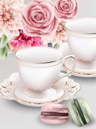 Watercolor composition with pink tea cups and macaroon sweets. Colorful flowers on background. Vectorのイラスト素材