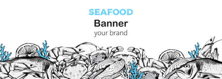 Seafood banner composition with red fish steak, oysters and crabs.のイラスト素材
