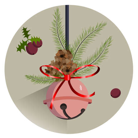 Winter composition with rose bauble hanging, fir tree leaves and fruit. Pine cone. Vectorのイラスト素材