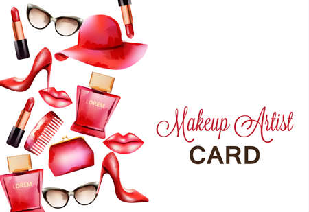 Fashion red products including comb, glasses, lipstick, perfume, pouch and high heels. Makeup artist card. Watercolor vectorのイラスト素材