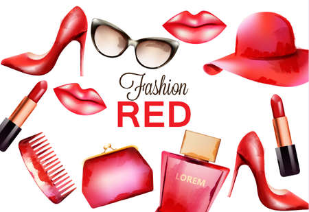 Fashion red products including comb, glasses, lipstick, perfume, pouch and high heels. Watercolor vectorのイラスト素材