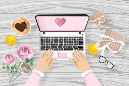 Girl using laptop with romantic gifts siteのイラスト素材