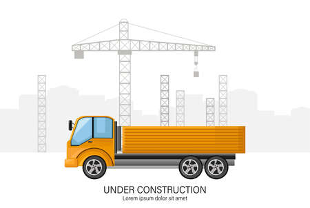 Building under construction with yellow truck in front. Place for textのイラスト素材
