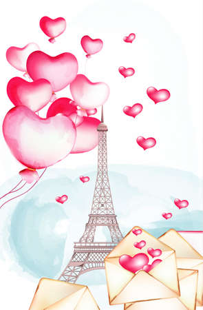 Tour Eiffel with watercolor balloons flying nearby.のイラスト素材