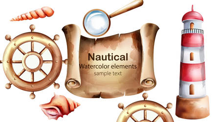 Nautical watercolor elements with treasure map, lighthouse, boat wheel, shell and magnifier.のイラスト素材
